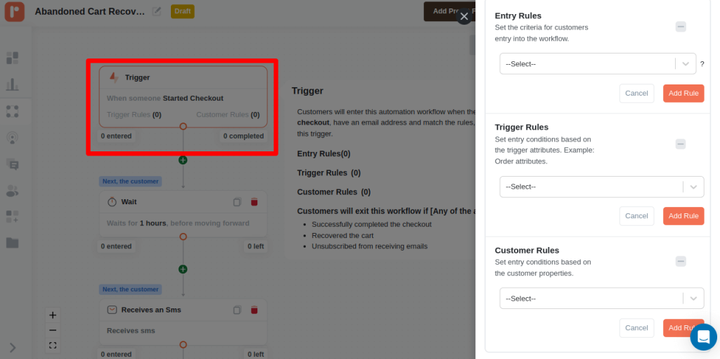 Trigger rules in SMS automation workflow