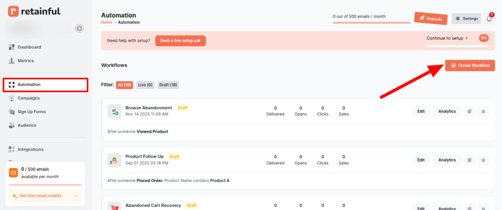 Automation page in Retainful where all the workflows are listed along with their respective metrics