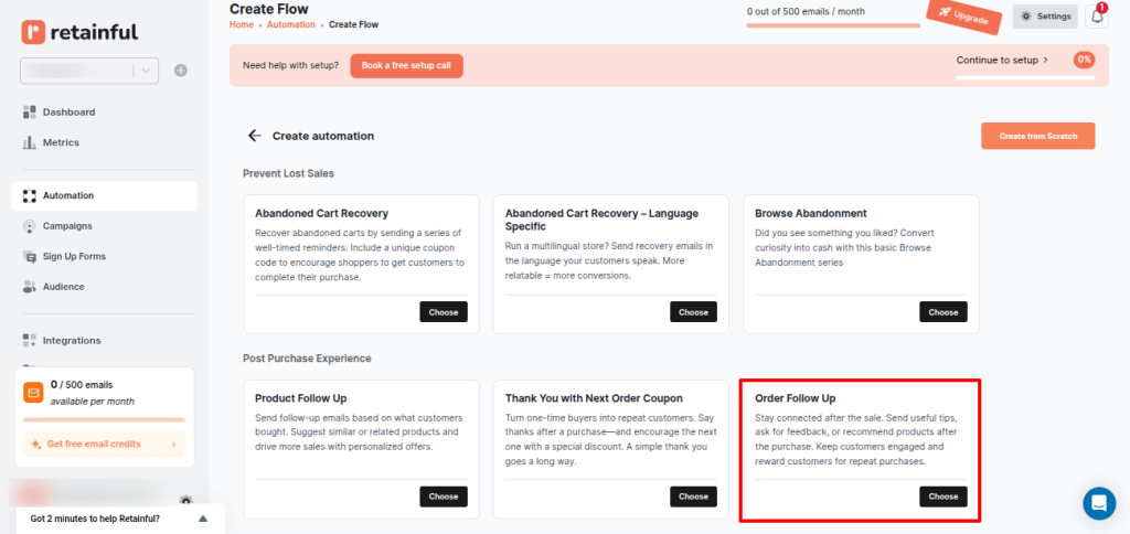 Choosing Order Follow Up automation workflow in Retainful