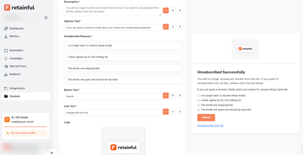 Customizable Unsubscribe page in Retainful