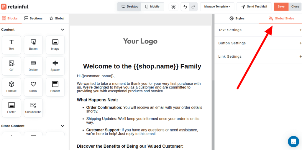 Global Styles section in email editor
