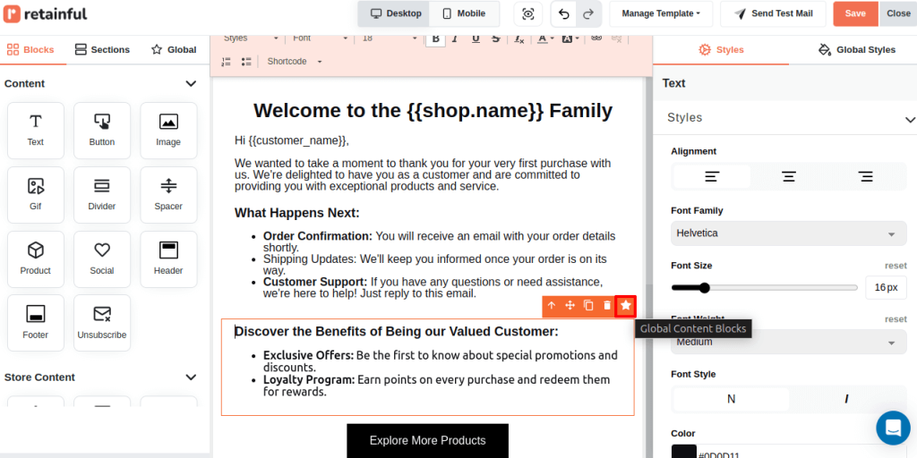 Global content icon in email editor