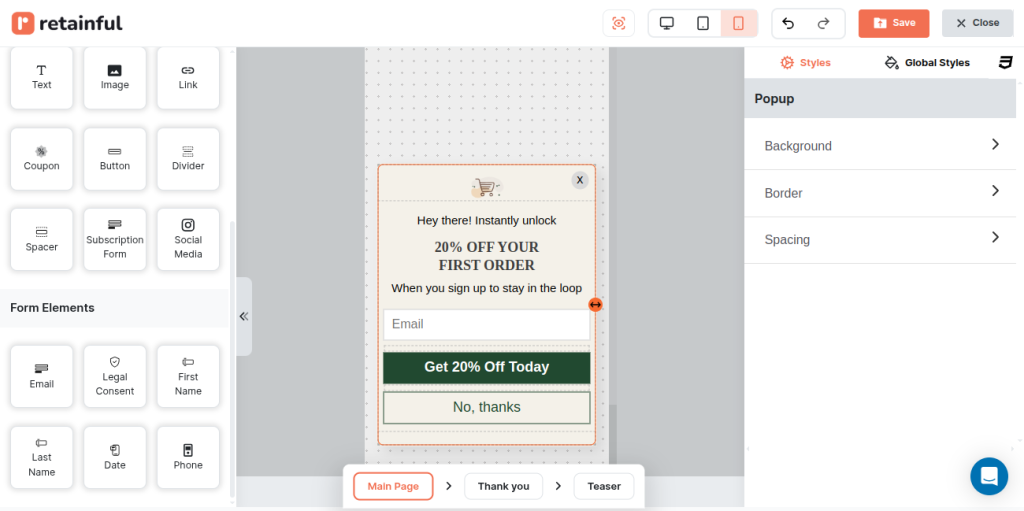 Mobile popup template in the drag and drop editor
