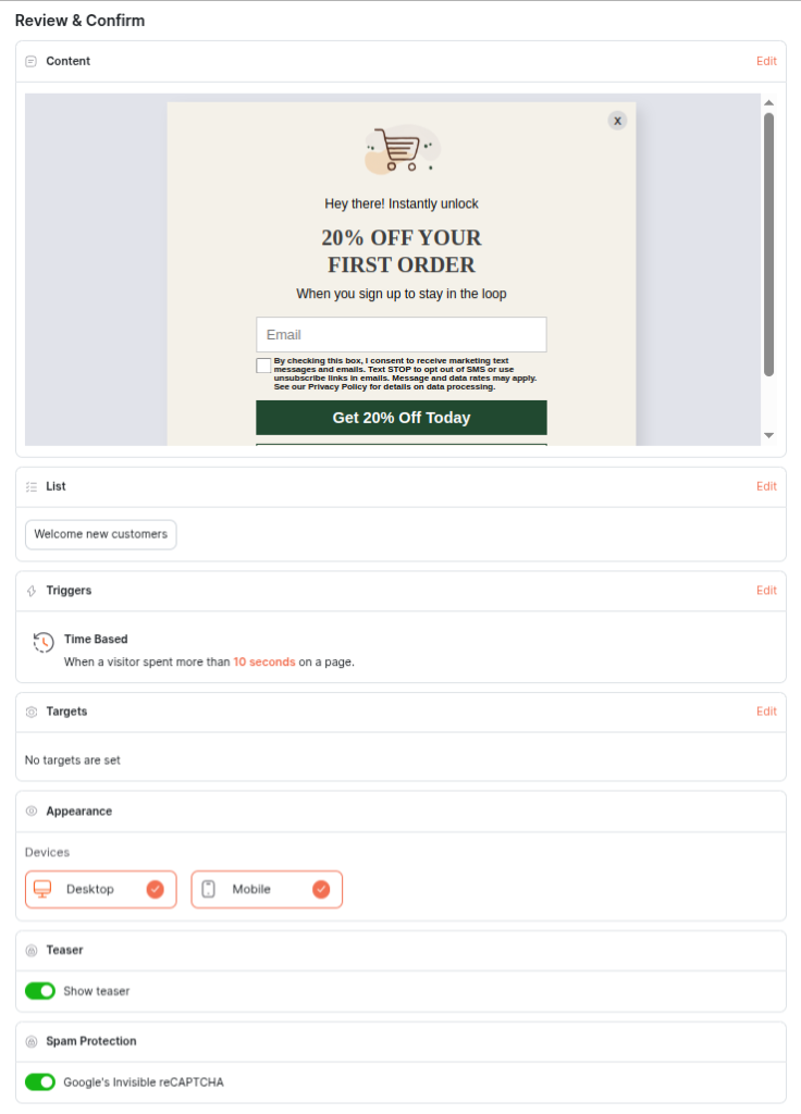 Preview Settings for popups in Retainful 