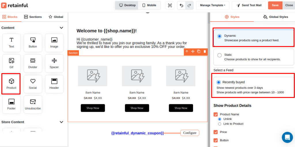 Product block in email editor