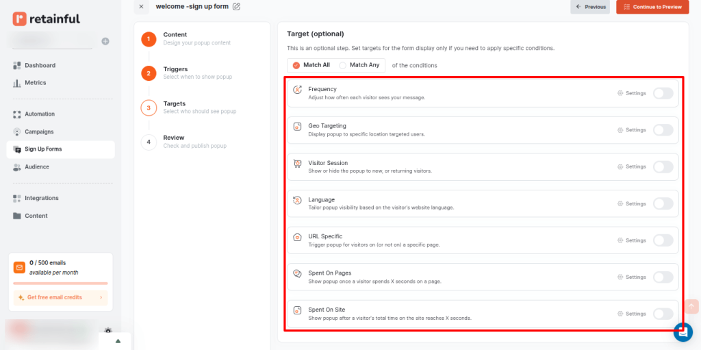 Retainful popup target settings