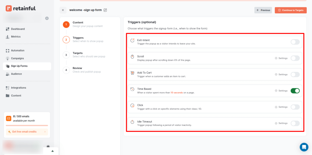 Retainful popup trigger settings