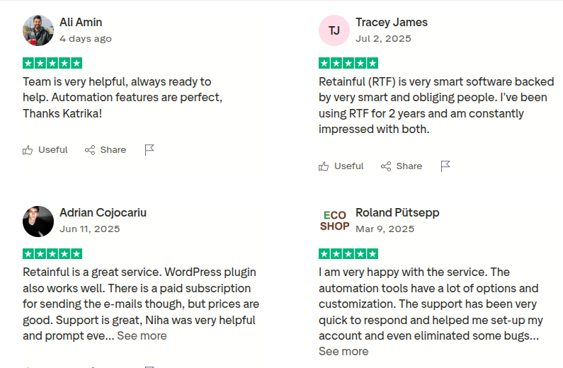 Retainful reviews from TrustPilot
