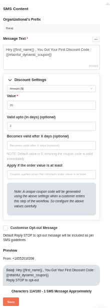 SMS Content settings in Retainful