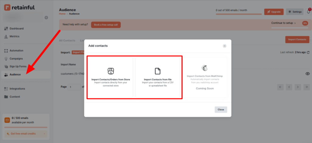 Screenshot showing how to import contact lists for SMS automation in Retainful