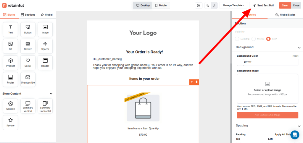 Send Test Mail to preview your email