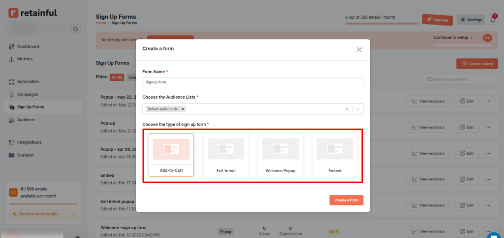 Types of popup forms in Retainful