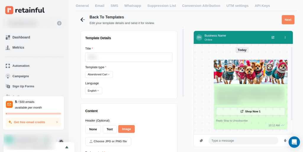 Whatsapp template in Retainful