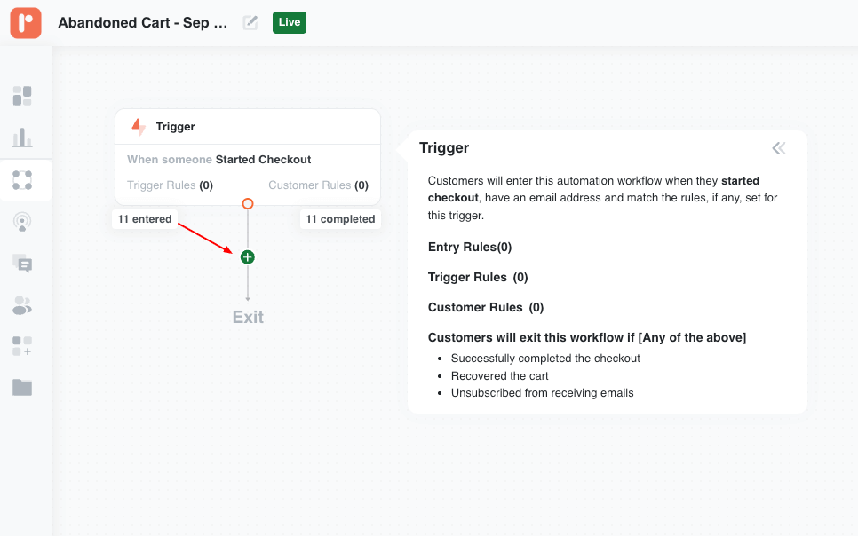 Abandoned cart automation workflow page in Retainful