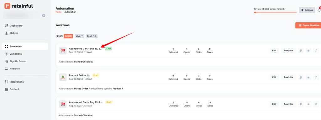 Abandoned cart recovery workflow in Retainful

