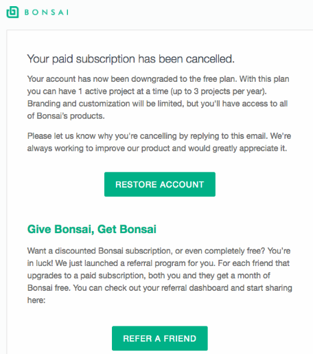 An email from Bonsai confirming a canceled paid subscription and a downgrade to the free plan. 
