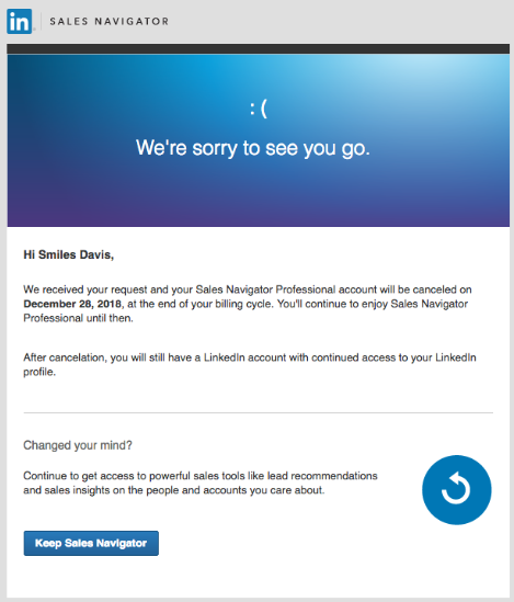 An email from LinkedIn Sales Navigator confirming a canceled account.
