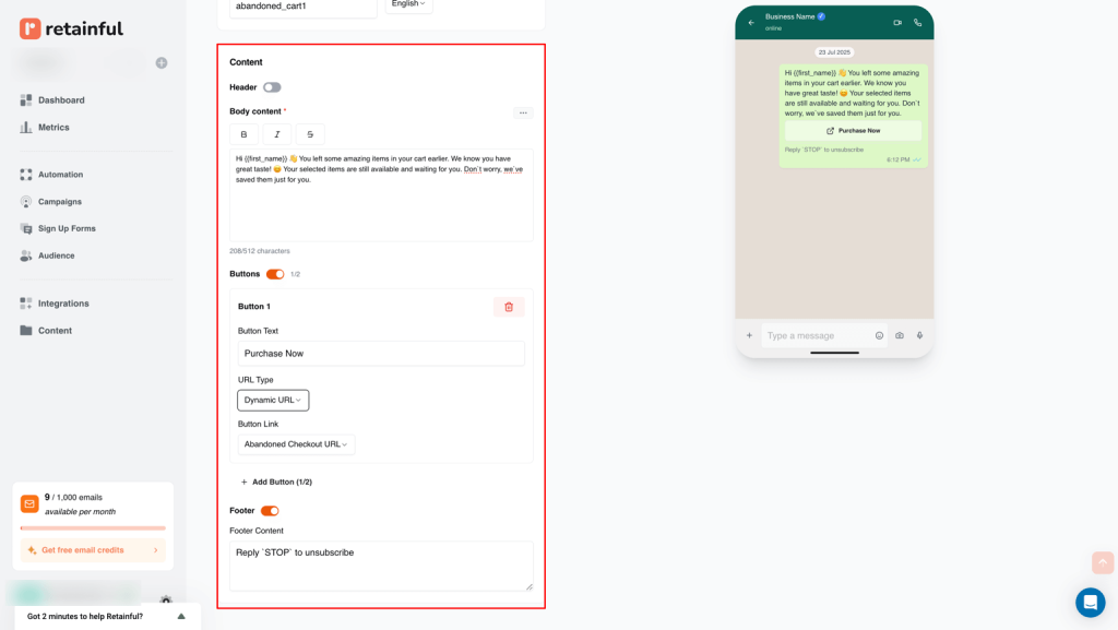 Customizing content in WhatsApp template
