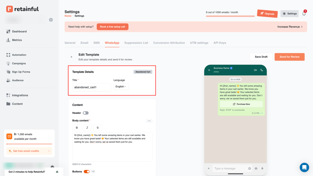 Edit WhatsApp template details in Retainful
