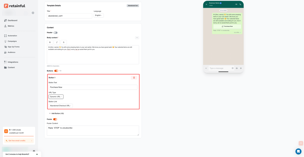 Including buttons in the WhatsApp template 
