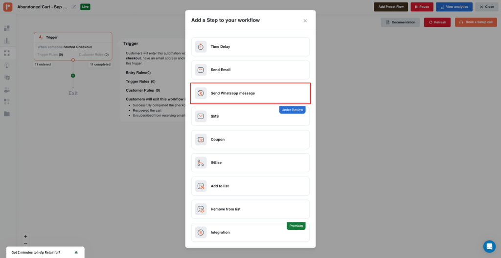Integrating the WhatsApp message block in the abandoned cart recovery automation workflow
