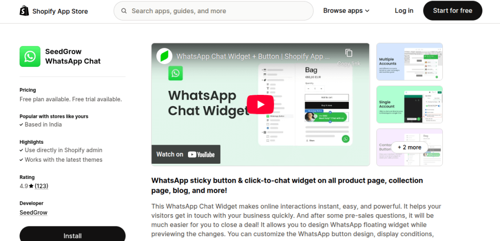 SeedGrow WhatsApp chat to create WhatsApp widgets on Shopify stores 
