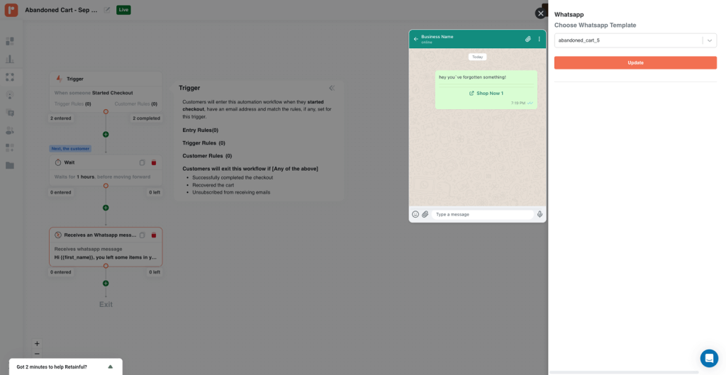 Using the approved WhatsApp template in the abandoned cart recovery workflow
