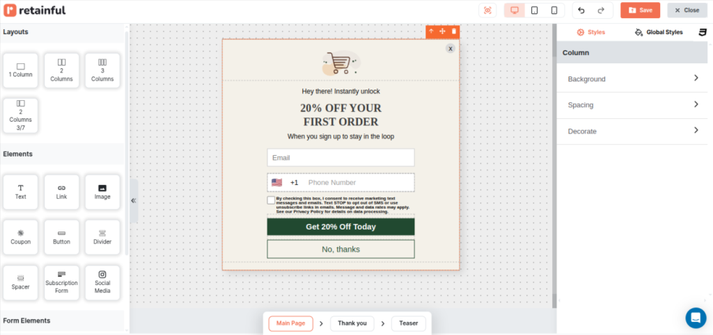 customizing sign-up form from Retainful to capture SMS leads
