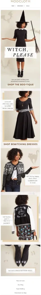 A Halloween-themed ModCloth email featuring a woman dressed as a witch, promoting under the tagline “Witch, Please.”
