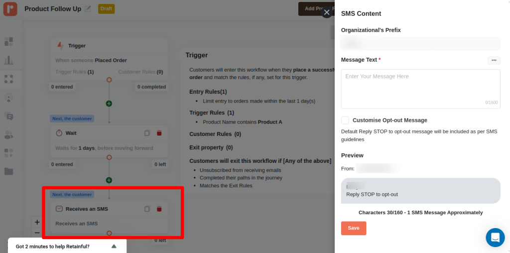 Access SMS block settings in the automation workflow