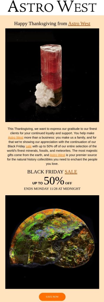 Astro West Thanksgiving email announcing an early-access Black Friday Sale of up to 50% off on minerals, fossils, and meteorites.