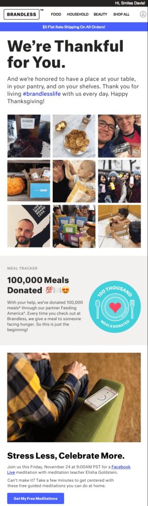 Brandless Thanksgiving email features a photo grid of customers and products, a donation tracker highlighting "100,000 Meals Donated"