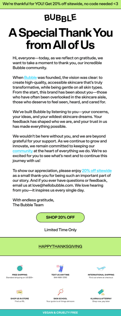 Bubble skincare Thanksgiving email expressing gratitude to their community and offering a 'small thank-you' of 20% off sitewide for a limited time.