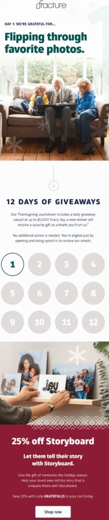 Fracture email promoting a 12 DAYS OF GIVEAWAYS