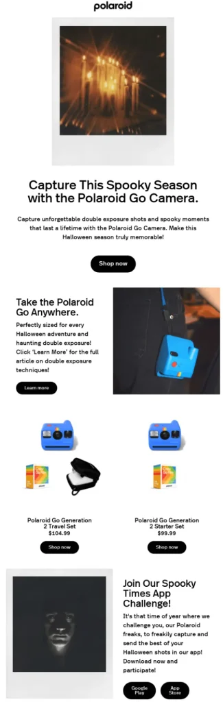 Halloween email example from Polaroid - featuring Polaroid Go