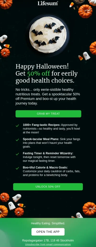 Halloween-themed email from Lifesum, a health and nutrition app.