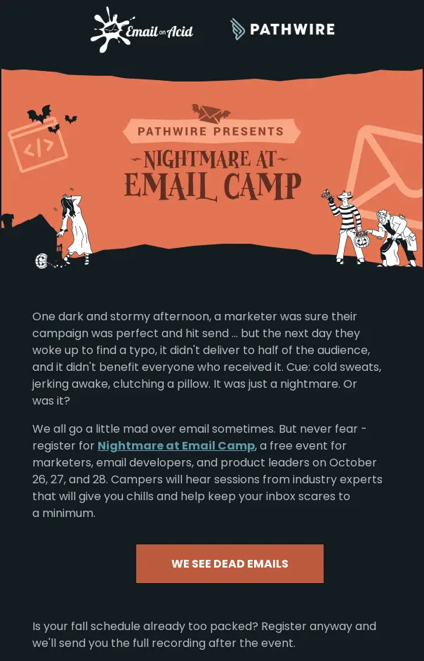 Halloween-themed event registration email from Email on Acid
