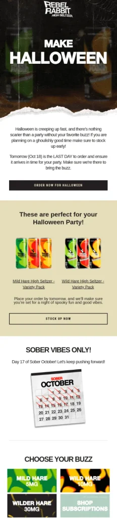 Halloween-themed promotional email from Rebel Rabbit featuring spooky design and product recommendations for Halloween parties.
