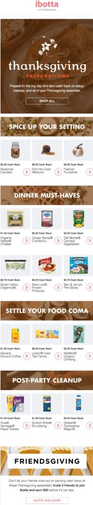Ibotta Thanksgiving preparations email promoting cash back on holiday essentials. The email is segmented into categories featuring grocery and household products.