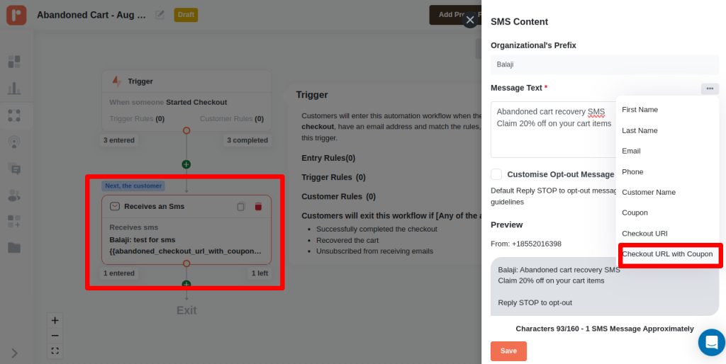 Inserting a checkout link in SMS messages in Retainful
