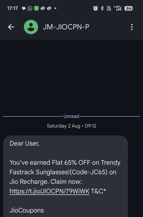 Jio - SMS link with coupon code 
