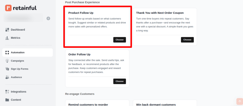 Post purchase automation workflow templates in Retainful
