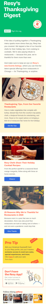 Resy's Thanksgiving Digest newsletter featuring curated holiday content. The email includes sections for Thanksgiving Tips, etc, along with a "Pro Tip" for booking