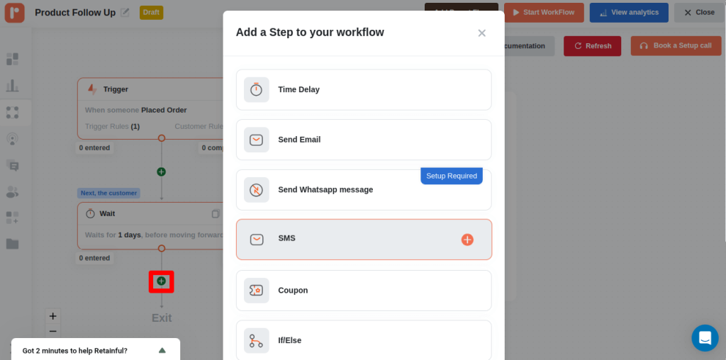 SMS block in post purchase automation workflow