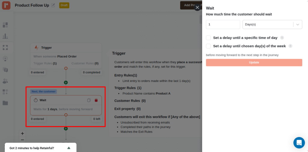 Setting wait times in post purchase workflow