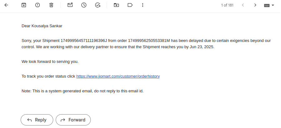 Shipment delay email example from Jiomart