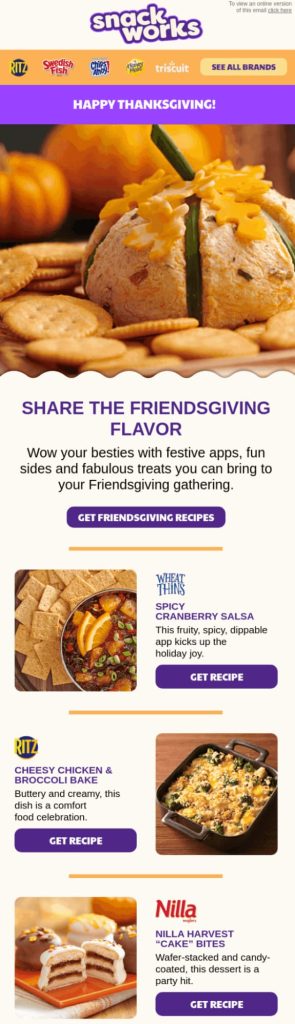 Snackworks Thanksgiving email curates recipe collection, promoting appetizer and side dish recipes using their brands.