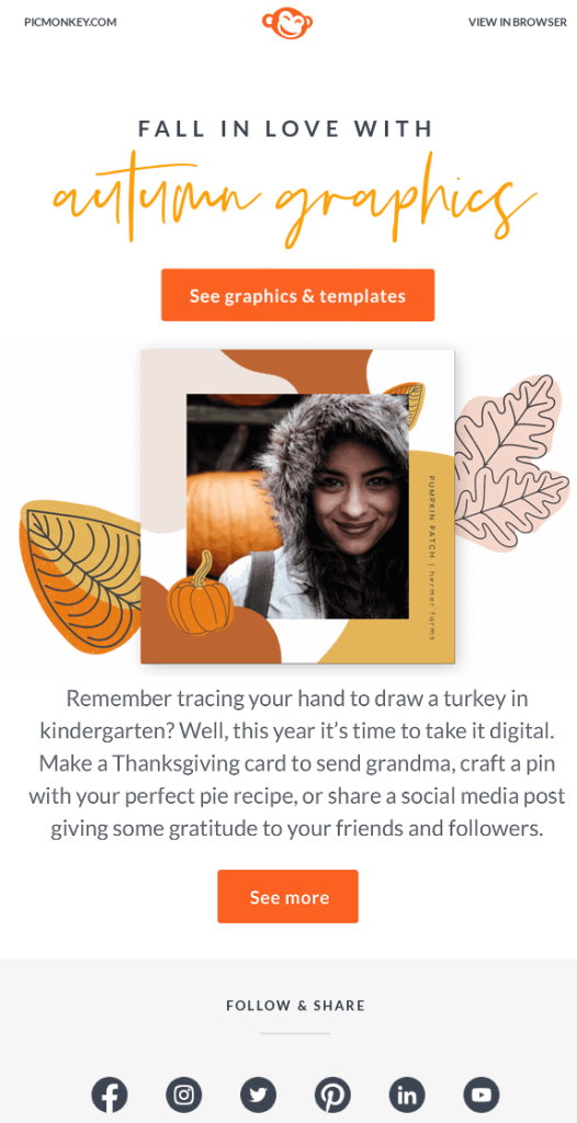  The PicMonkey email promotes Thanksgiving-themed templates and tools for creating digital cards, recipe pins, and social media gratitude posts.
