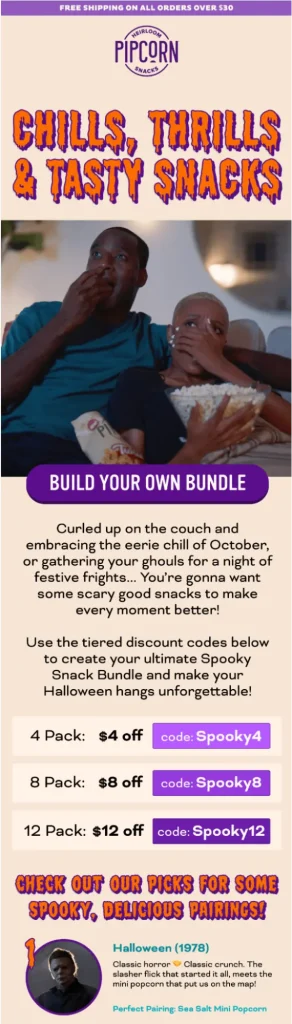 The image provided is a Halloween-themed promotional email from Pipcorn focused on snacks for a scary movie night.