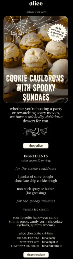 The image provided is a recipe-focused, Halloween-themed email from Alice, promoting their chocolate products through a fun holiday dessert.